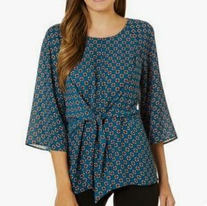 Chenault Blue Green Red Geometric Print Tie Front Draped Blouse New With Tags